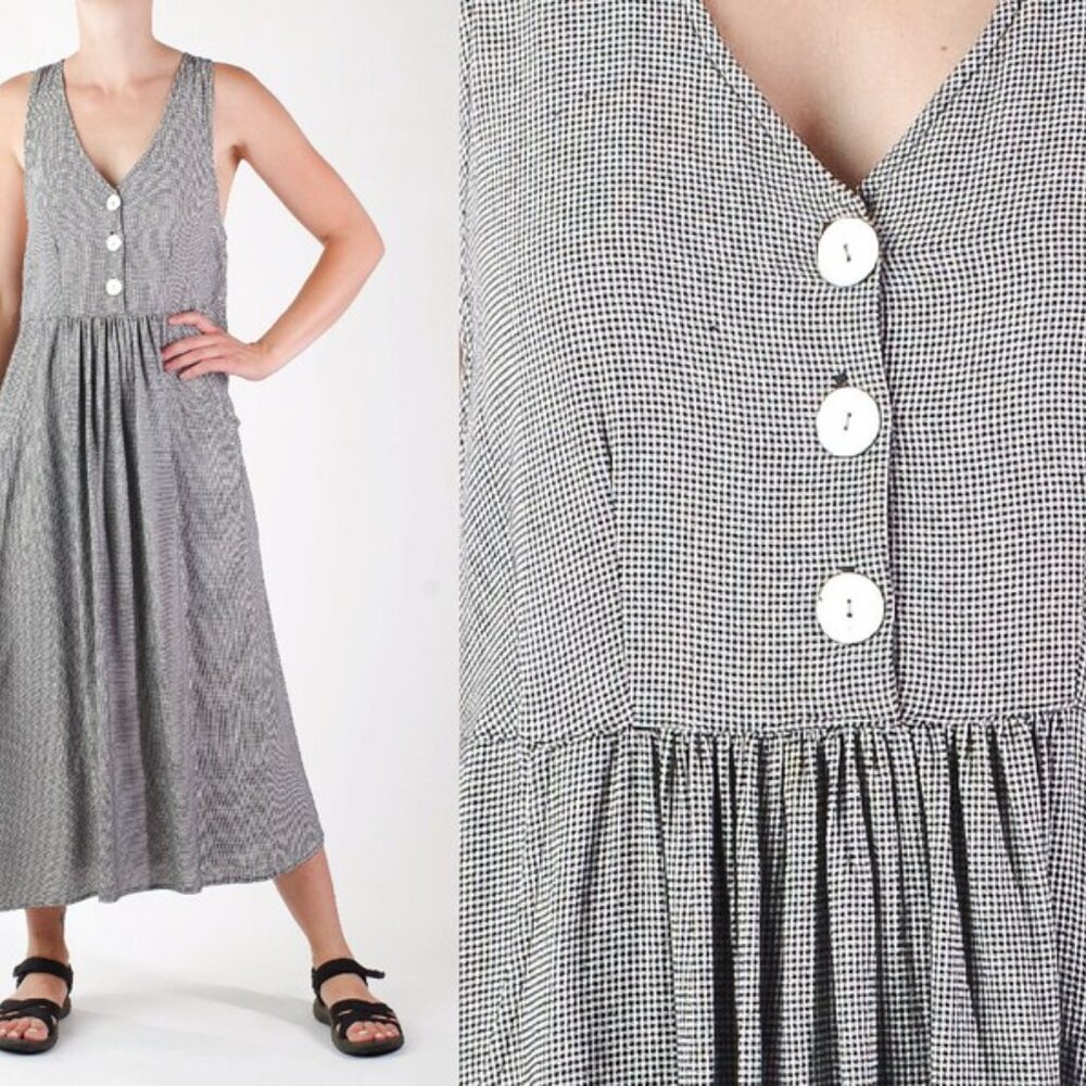 90s Vintage Black & White Maxi Dress - Checkered Sundress